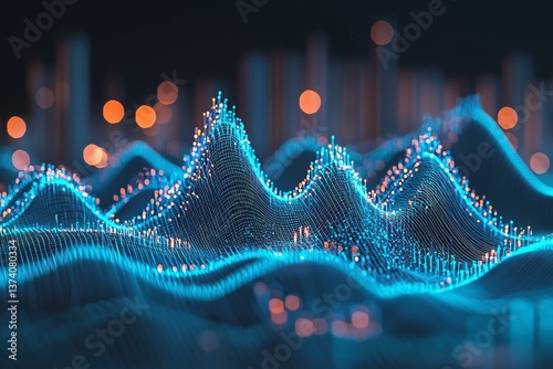 A decorative and technological background, showcasing glowing neon lights and a grid pattern, is presented in a futuristic style through the use of 3D rendering and geometric design elements