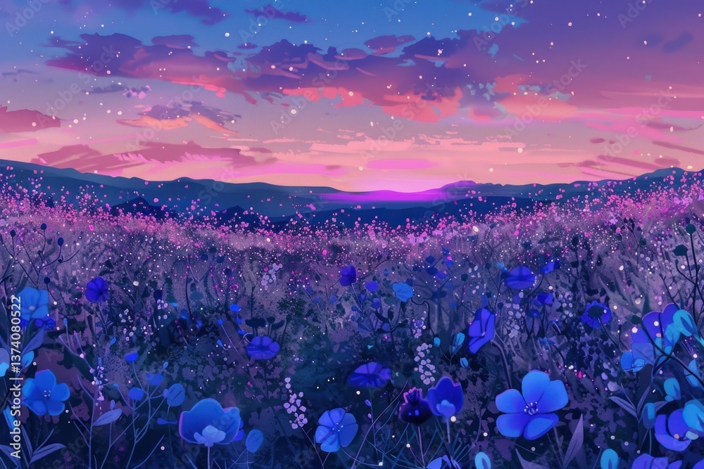 Fototapeta premium Illustration of a flower field purple backgrounds landscape.