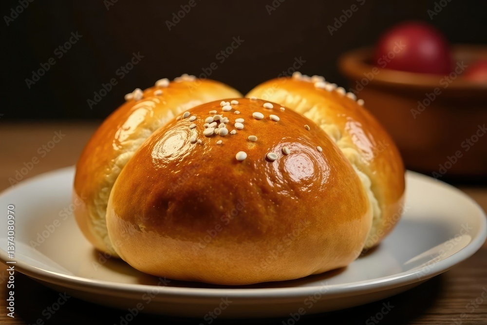 Golden brown artisan bun, glossy crust, soft crumb , white background, close up Golden brown artisan bun, glossy crust, soft crumb , white background, close up