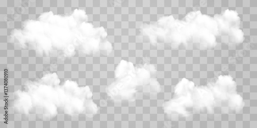 White vector realistic cloud set. Vector weather element on png background. Cloud texture, nature sky or foggy nature illustration isolated on transparent background.