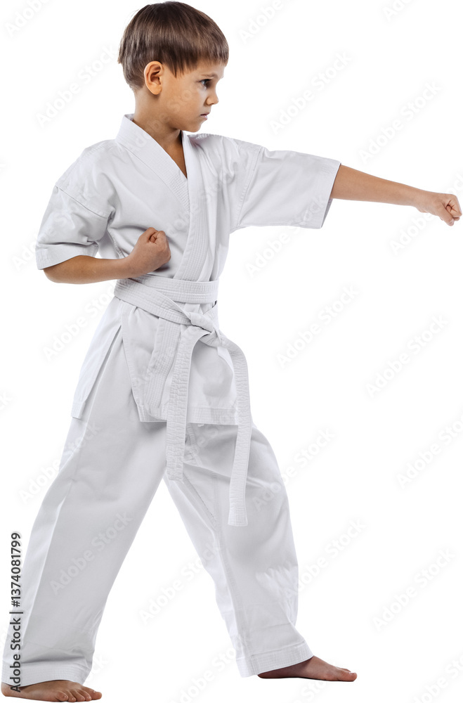 Full body photo of little boy, motivated sportsman in white kimono training against transparent background. Concept of martial art, healthy lifestyle, sport, action, combat sport, energy. Full body photo of little boy, motivated sportsman in white kimono training against transparent background. Concept of martial art, healthy lifestyle, sport, action, combat sport, energy.