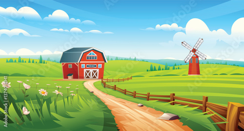 Red barn and windmill along curved dirt path with flowers and wooden fence. Rural farm field landscape. Vector cartoon illustration