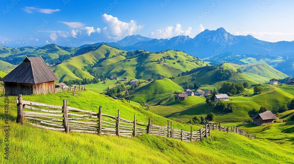 Obraz premium Scenic rural landscape featuring rolling green hills, a rustic wooden cabin, and a traditional wooden fence under a bright, sunny sky. Mountains are visible in the background.