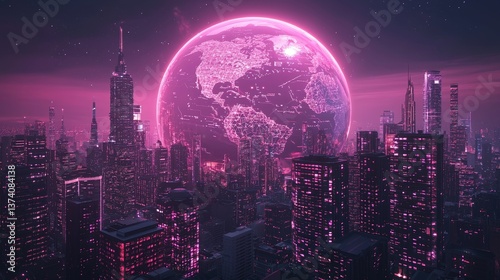 A futuristic city aglow with light is overlaid by a digital globe, upon which various data points float, as streaks of light descend from above