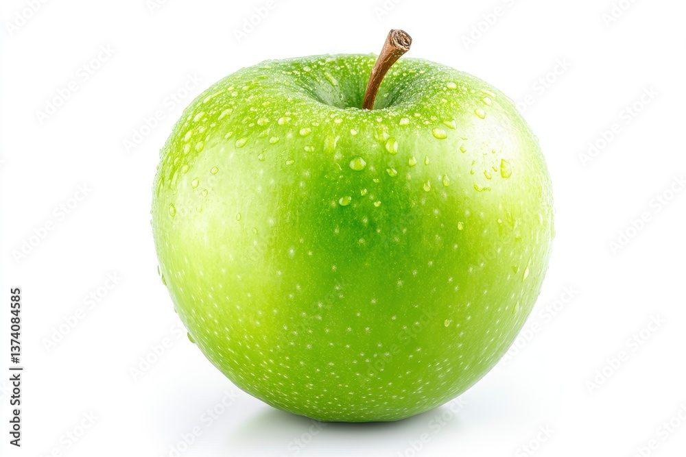 Fresh Green Apple with Water Droplets on a Clean White Background Fresh Green Apple with Water Droplets on a Clean White Background