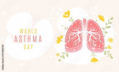 World Asthma Day horizontal banner with floral lungs. Vector illustration on hand drawn flat cartoon style. Perfect for banner, landing page template, poster, flyer and so on