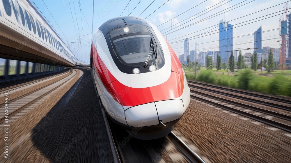 Fototapeta premium A high-speed train of the future speeding down a modern track, symbolizing cutting-edge transportation technology and swift travel