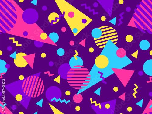 Geometric seamless pattern with memphis elements in 80s style. Colorful geometric pattern. Design of promotional products, wrapping paper and printing. Vector illustration
