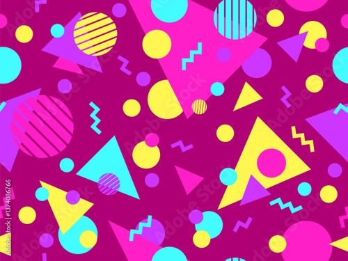 Geometric seamless pattern with memphis elements in 80s style. Colorful geometric pattern. Design of promotional products, wrapping paper and printing. Vector illustration
