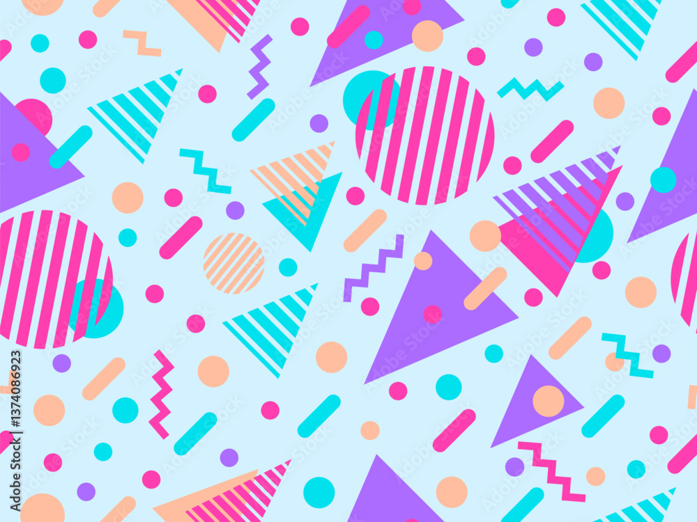 Geometric seamless pattern with memphis elements in 80s style. Colorful geometric pattern. Design of promotional products, wrapping paper and printing. Vector illustration Geometric seamless pattern with memphis elements in 80s style. Colorful geometric pattern. Design of promotional products, wrapping paper and printing. Vector illustration