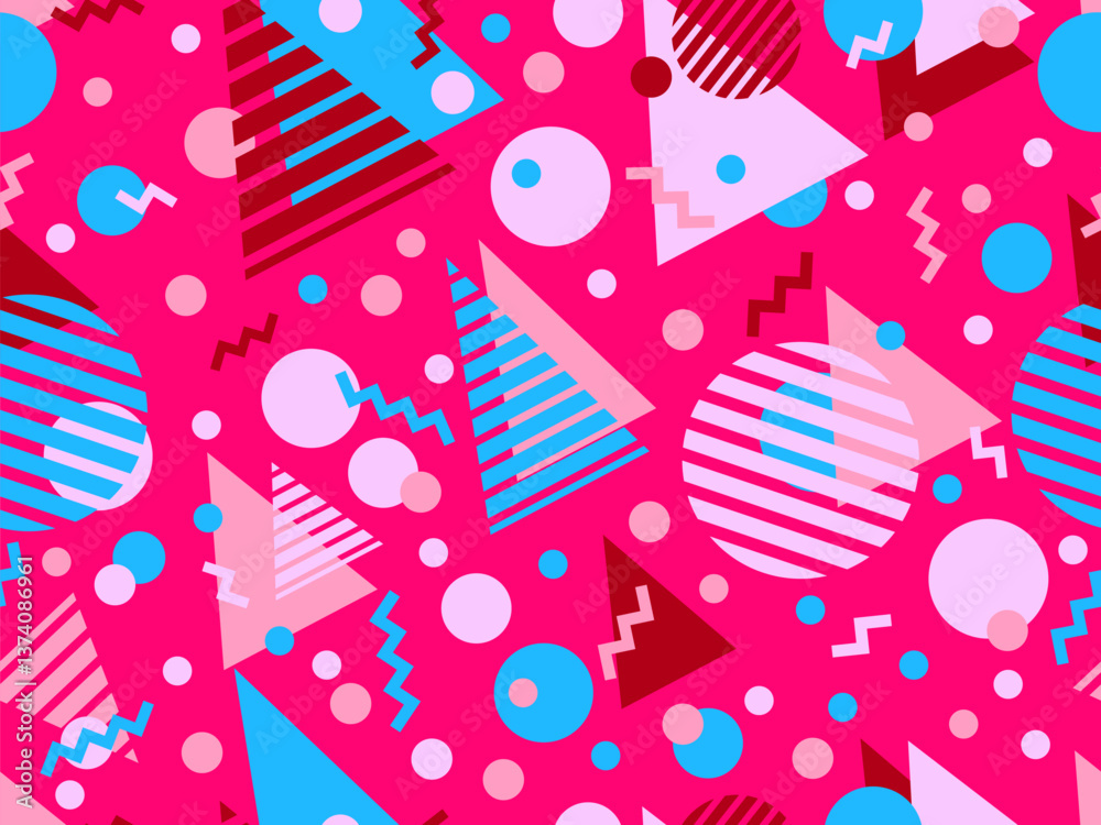 Geometric seamless pattern with memphis elements in 80s style. Colorful geometric pattern. Design of promotional products, wrapping paper and printing. Vector illustration Geometric seamless pattern with memphis elements in 80s style. Colorful geometric pattern. Design of promotional products, wrapping paper and printing. Vector illustration