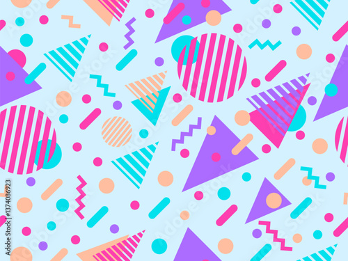 Geometric seamless pattern with memphis elements in 80s style. Colorful geometric pattern. Design of promotional products, wrapping paper and printing. Vector illustration