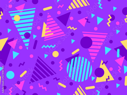 Geometric seamless pattern with memphis elements in 80s style. Colorful geometric pattern. Design of promotional products, wrapping paper and printing. Vector illustration