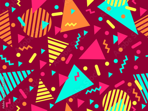 Geometric seamless pattern with memphis elements in 80s style. Colorful geometric pattern. Design of promotional products, wrapping paper and printing. Vector illustration