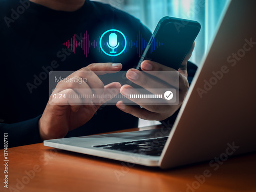 AI chatbot conversation and voice searching automation, voice recognition technology concept. Personal conversational assistant technology with digital sound wave audio graphic on smartphone in hand.