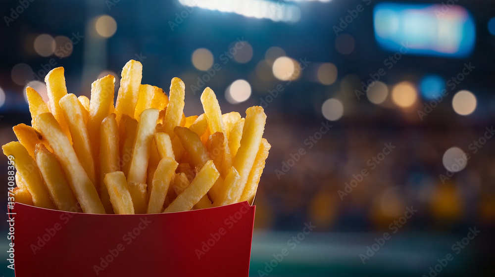 Mouthwatering crinkle-cut fries stacked high in a glossy red box, blurred stadium seating filled with colorful fans and game day energy in the background Mouthwatering crinkle-cut fries stacked high in a glossy red box, blurred stadium seating filled with colorful fans and game day energy in the background