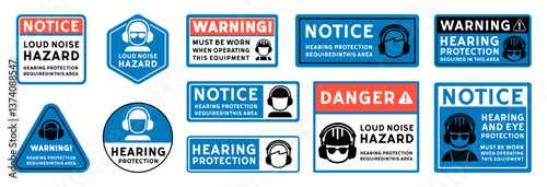 An illustration of a sign indicates notice hearing protection is required