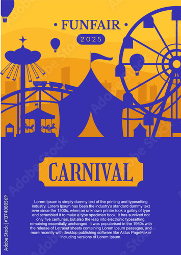 Carnival funfair with fireworks rays. Amusement park carousels