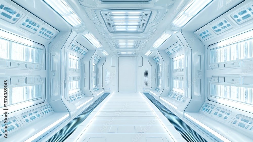 Fototapeta premium The interior of a spaceship or space station is depicted as a white corridor within a large starship, showcasing a futuristic spacecraft's light hallway from a unique perspective, symbolizing