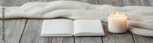 A calming scene of an open book, a lit candle, and a cozy blanket, perfect for creating a peaceful reading atmosphere.