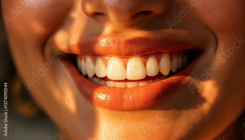 Woman Smiling with Healthy Teeth and Soft Lighting in Close Up