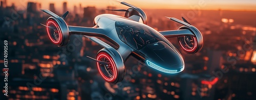 A futuristic military drone is soaring over the city, illustrating a scene of advanced technology and warfare in the sky, with its sleek design and powerful engines resembling a spacecraft