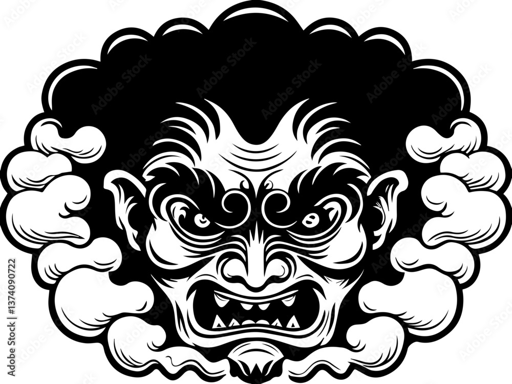 Obraz premium Ghosts and spirit shadows in a mystical svg vector. Dramatic Black and White Illustration of Angry Mask with Clouds