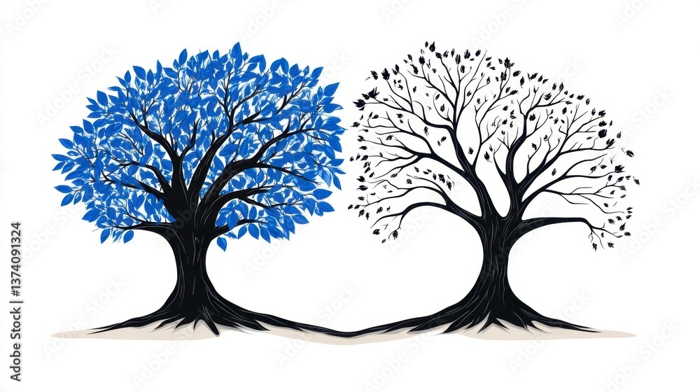 Obraz premium Two stylized trees, one with blue leaves and one with bare branches, share a common base, symbolizing contrasting life stages or seasons. The art uses dark silhouettes against a light background.