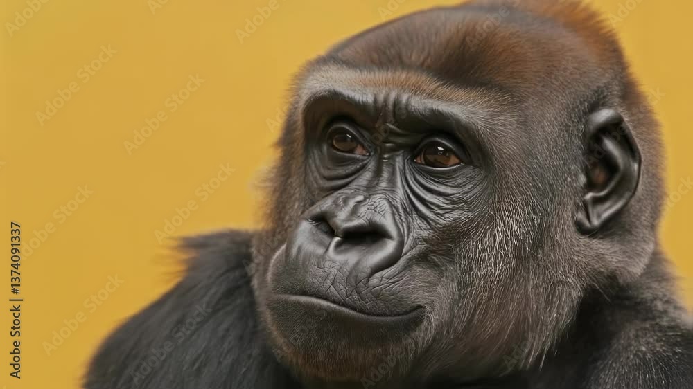 Gorilla waving on yellow background motion picture. Young primate animal waving its hand footage. Mammal makes gesture and greets someone video clip. Wildlife scenery. Gorilla waving on yellow background motion picture. Young primate animal waving its hand footage. Mammal makes gesture and greets someone video clip. Wildlife scenery.