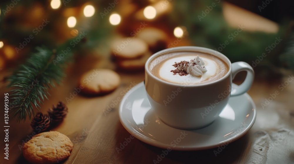 Warm cup of creamy coffee with cookies on wooden table, surrounded by festive lights and pine branches Warm cup of creamy coffee with cookies on wooden table, surrounded by festive lights and pine branches