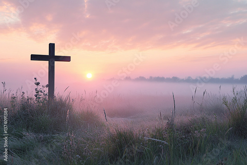 Wooden cross in meadow at dawn with mist and soft sunrise hues, serene Easter morning with peaceful atmosphere and spiritual significance