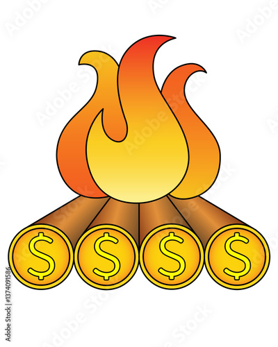 Bonfire with firewood and coins. Financial independence retire early symbol - vector full color illustration with fire. Metaphor. Droa with coins on a cut - logo	