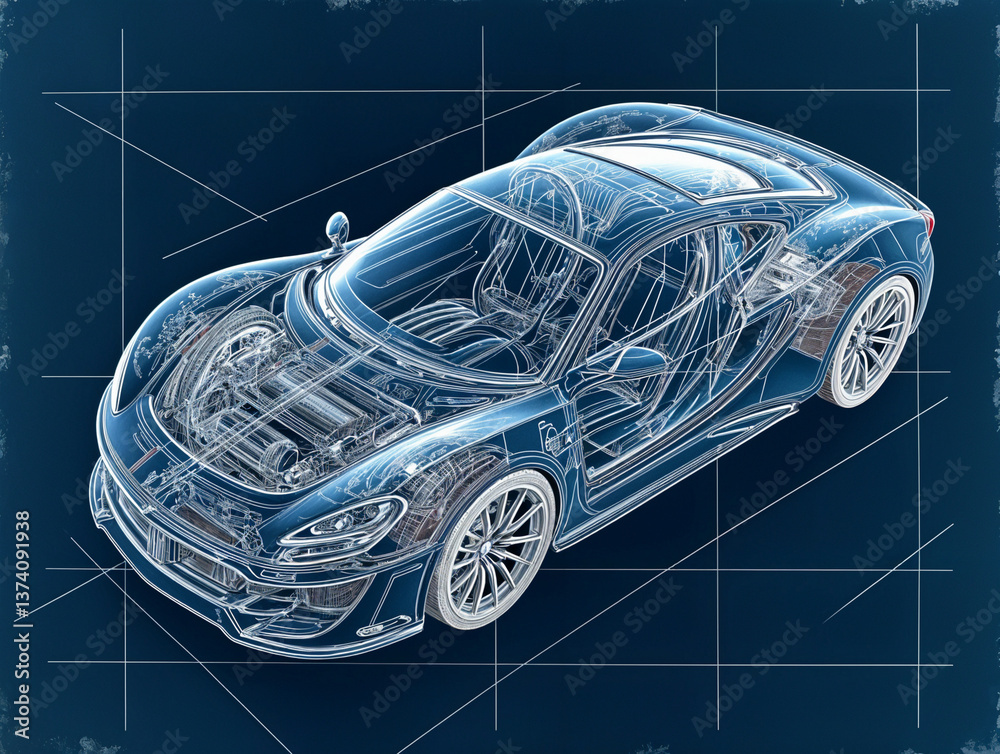 Naklejka premium four-view (front, top, side, isometric) engineering drawing of a supercar, drawn with white outlines on dark blue grid paper. The interior shows numerous complex internal parts, including cables, elec