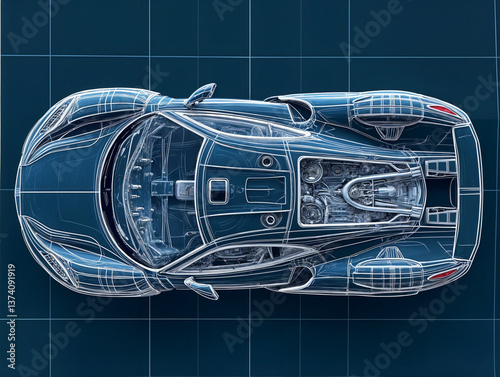 four-view (front, top, side, isometric) engineering drawing of a supercar, drawn with white outlines on dark blue grid paper. The interior shows numerous complex internal parts, including cables, elec photo