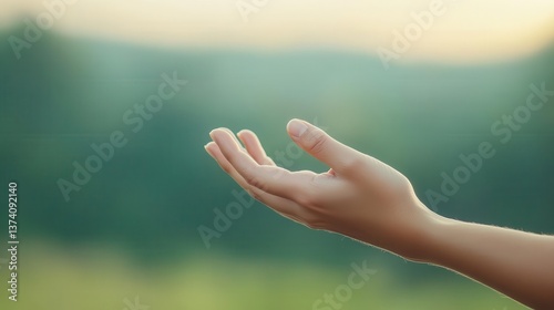 A close-up of a gentle hand reaching out, symbolizing connection and openness in a serene outdoor setting.