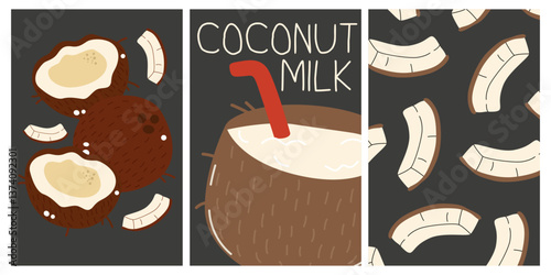 Coconut abstract poster collection in cartoon style. Coconut halves, coconut milk. Tropical fruits design vector illustration