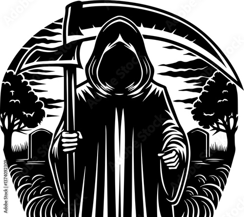 Graveyards coffins and death symbols in a haunting svg vector. Mysterious Figure with Scythe in Dark Graveyard Scene
