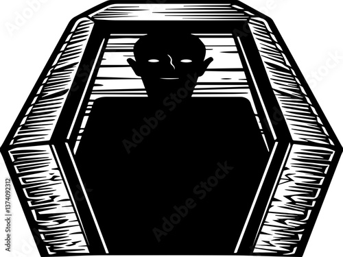 Graveyards coffins and death symbols in a haunting svg vector. Dark, Mysterious Coffin with Shadowy Figure Inside