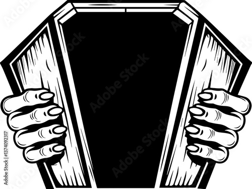 Graveyards coffins and death symbols in a haunting svg vector. Hands Gripping a Blank Coffin with Striking Black and White Design