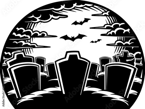 Graveyards coffins and death symbols in a haunting svg vector. Spooky Cemetery Scene with Bats and Clouds in Black and White