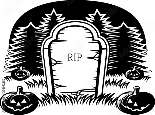 Graveyards coffins and death symbols in a haunting svg vector. Spooky Halloween Graveyard with Tombstone and Pumpkin Decoration