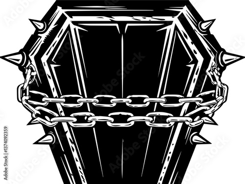 Graveyards coffins and death symbols in a haunting svg vector. Spiked Coffin Illustration with Chain in Black and White Design