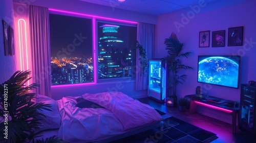 A room on an orbital station belonging to a teenager from the future, with a stunning view of Earth, is available as stock