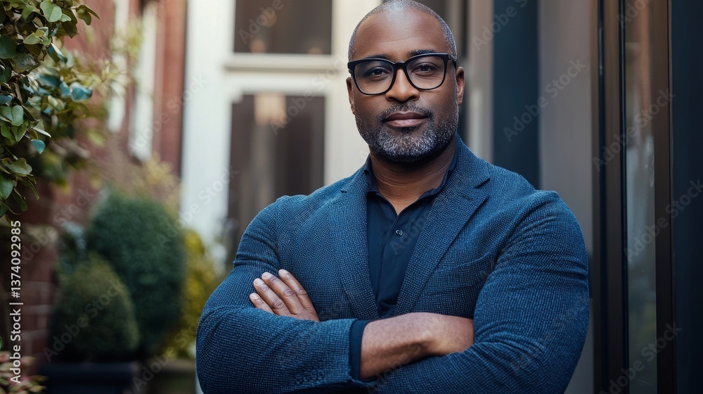 A man of distinction, clad in a suit and glasses, exudes confidence as he stands before a building, epitomizing the strategic vision of a forward-thinking entrepreneur A man of distinction, clad in a suit and glasses, exudes confidence as he stands before a building, epitomizing the strategic vision of a forward-thinking entrepreneur
