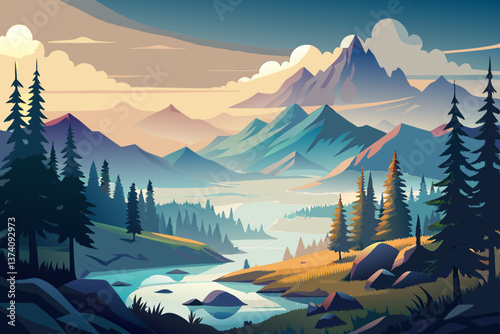 A serene taiga view where morning mist drifts over the pine-covered landscape