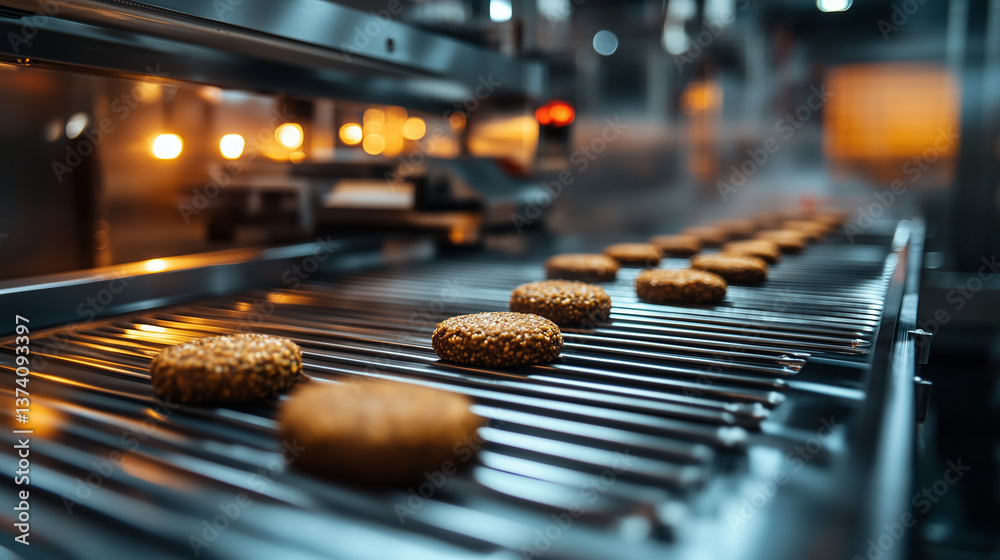 Close-up of freshly formed plant-based burger patties gliding down a stainless steel conveyor belt, their textured surfaces glistening under bright industrial lights, surrounded by Close-up of freshly formed plant-based burger patties gliding down a stainless steel conveyor belt, their textured surfaces glistening under bright industrial lights, surrounded by