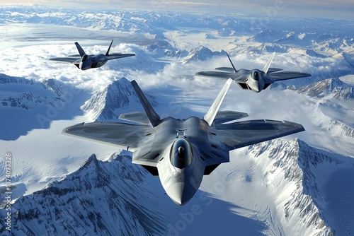 Next-generation fighter jets, highly advanced, soar above the clouds, embodying the progression of aerial combat