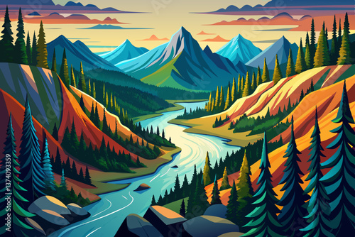 A breathtaking taiga landscape with a winding river cutting through the dense forest