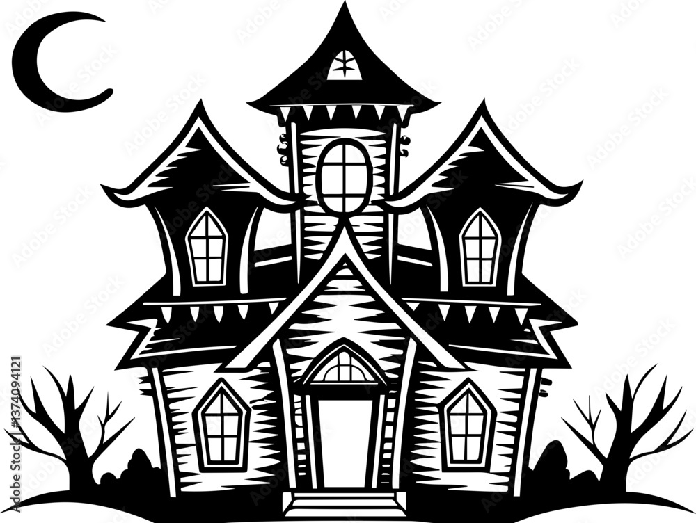 Haunted houses and castles in a chilling svg vector. Spooky Haunted House Illustration with Moon and Silhouetted Trees Haunted houses and castles in a chilling svg vector. Spooky Haunted House Illustration with Moon and Silhouetted Trees