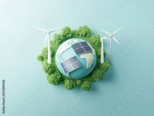 A conceptual representation of renewable energy with a globe featuring solar panels and wind turbines surrounded by greenery.